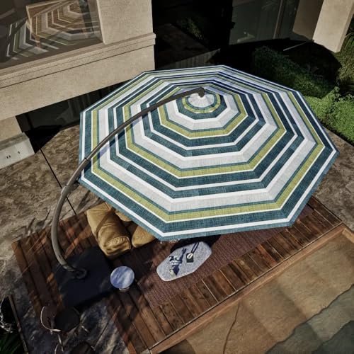 Acrylic Fabric 11FT Cantilever Umbrella with Base Large Curvy Outdoor Aluminum Offset Umbrella w/ 360° Rotation, UV Resistant Canopy for Patio, Garden, Backyard, Green Stripes - color: Green Stripes-Acrylic Fabric, size: 11FT