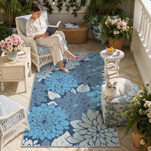 HUGEAR Floral Textured Weave Indoor Outdoor Area Rug 4X6 Washable High Traffic Stain Resistant Non Slip Durable Carpet for Livingroom Patio Deck Balcony Courtyard (Blue, 4' x 6') - color: Multi Floral / Blue, size: 4'x6' (Rectangular)
