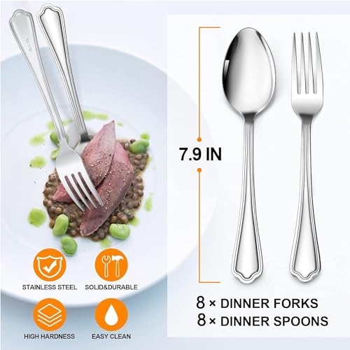 16-Piece Spoons and forks Set, E-far Stainless Steel Scalloped 8 Dinner Forks and 8 Dinner Spoons, Modern Metal Silverware Flatware Cutlery for Kitchen and Restaurant, Dishwasher Safe-7.9 Inch - style: Scalloped