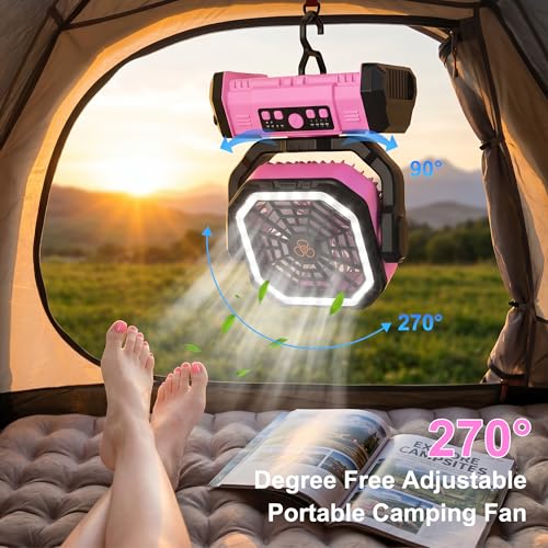 Honesorn Portable Fan Rechargeable 20000mAh, Camping Fan with LED Light & Remote, USB C Cordless Battery Powered, 4 Speeds Timer Hanging Hook for Travel Tent Outdoor Essentials - Pink - color: Pink