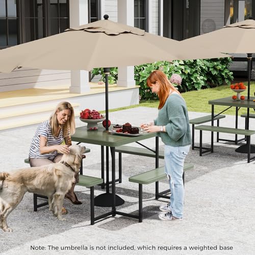 Giantex Picnic Table Bench Set for 4-8 People, 34" Outdoor Square Dining Table & 2 Benches w/Umbrella Hole, HDPE Tabletop, Metal Frame, Patio Camping Furniture for Backyard Porch Lawn (Green,Square) - color: Green, size: Square-34"x34"x30"