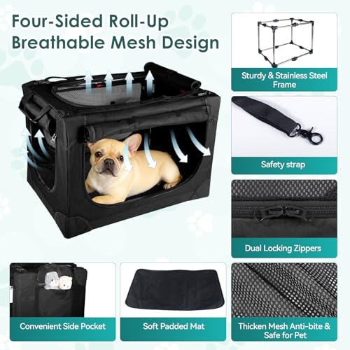 Soft Small Dog Crate - 24 inch Portable Travel Puppy Crate for Small Pets or 2 Cats, Collapsible Pet Carrier with 4 Mesh Doors, Car Kennel for Dogs with Handle for Indoor and Outdoor, Black - color: Black