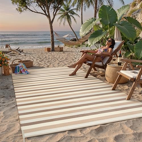 PureCozy Outdoor Waterproof Patio Rug 6x9 Plastic Straw Reversible Outside Beige Striped Carpet Lightweight Large Rug for Camping RV Porch Deck Balcony Beach - color: Stripe | Beige Brown, size: 6' x 9' (Rectangular)