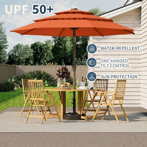 10FT Patio Umbrella 3 Tiers Outdoor Market Umbrella w/Push Button Tilt, Crank, UV and Waterproof Table Umbrella for Garden, Pool, Backyard, Deck, Lawn, Terracotta - color: Terracotta