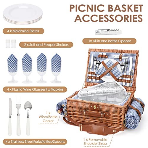 Picnic Basket for 4, Insulated Willow Picnic Baskets with Shoulder Strap, Picnic Hamper with Waterproof Picnic Blanket, Handmade Wicker Hamper for Outdoor, Great Gifts for Thanksgiving, Christmas - style: BlueCheck-4P
