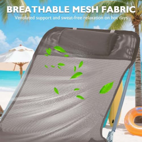Majnesvon Folding Chaise Lounge Chair, Pool Sun Tanning Chair, Outdoor Lounge Chair with 5-Position Reclining Back, Breathable Mesh Seat, Headrest for Beach, Yard, Patio(Brown) - color: Brown