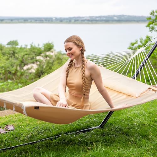 SUNCREAT Double Outdoor Hammock with 15 ft Stand, Standing Patio Hammocks for Outside, Beige - color: Beige, size: 15 ft Stand