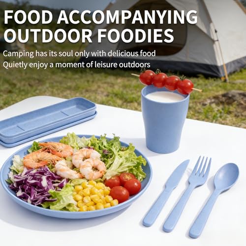 Camping Cooking Utensils, 5-Piece Camping Mess Kit with Plate, Cup, Spoon, Fork, Knife and Carry Bag, Reusable Camping Essentials Gear, Accessories for Home, Poolside, Outdoor, Picnic, Camp