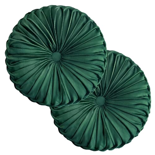 Teieas 2 Pcs Round Throw Pillows Decorative Pumpkin Velvet Boho Pleated Bed Pillows Back Support for Couch Chair Dorm Car 14.96'' (Emerald) - color: Emerald