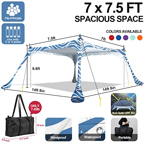 Buheco Beach Tent Pop Up Shade 7x7.5ft Beach Canopy Sun Shelter UPF50+ with 4 Foldable Poles-Portable Carrying Bag-Sand Shovel-Ground Pegs-Windproof Ropes for Outdoor Family Camping-Fishing- Picnic - color: Sea Wave, size: 7x7.5FT 4 Pole