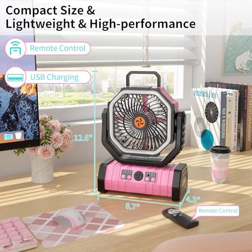 20000mAh Camping Fan Battery Operated Fans Portable,Portable Rechargeable Battery Powered Fan with LED Light,360°Oscillating & 8H Timer Camping Essentials Fans with Hook pink fan - color: Pink