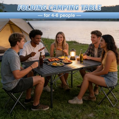 29.9" Tall Folding Camping Table for 2-6 Person, 54.7" Large Aluminum Foldable Roll-up Table Outdoor with Carry Bag for Picnic, Camp, Sturdy, Backyard, Patio - color: Black