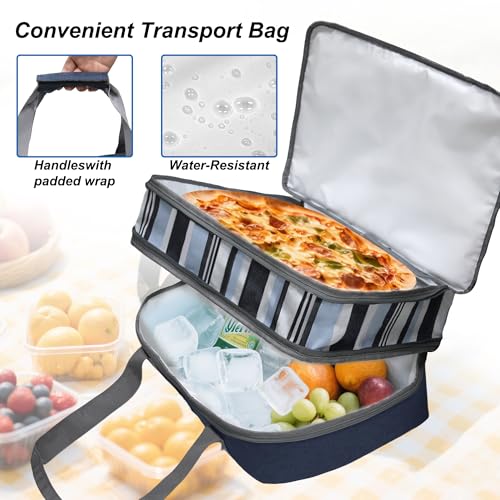 Double Decker Insulated Casserole Carrier, Expandable Thermal Food Warmer Bag Fits 9x13 Dish, Leak-Proof Potluck Lasagna Holder with Utensil Pocket for Picnic Party Cookout (Blue) - color: Blue