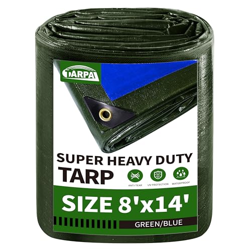 TARPAL 8x14 Tarp Heavy Duty Waterproof Tarp 16mil Thick Tarps with Metal Grommets Every 17.7" UV Protection&Tear -Resistant Cover for Firewood,Roof,Pool,Car,RV&Outdoor Furniture（Green/Blue） - color: Green/Blue, size: 8x14 Feet-Finished size