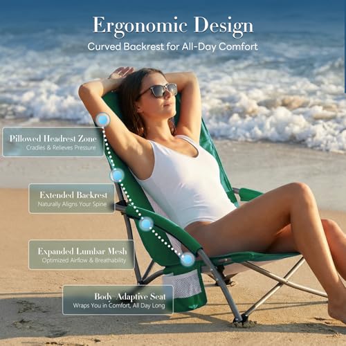 DUMOS Low Camping Beach Chair, Lightweight Folding Portable Beach Chair with Cup Holder, Storage Pocket, Breeze Mesh Back, Padded Armrests, Low Profile Chair for Camp, Picnic, Lawn, Sand, Green - color: Green, size: 25.79*22.24*27.36inch
