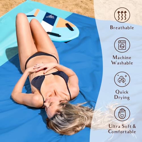 AlphaBeing Beach Blanket Waterproof Sandproof, Extra Large Beach Mat for 1–8 Adults, Oversized Picnic Blanket with 4 Stakes & Storage Bag, Essential Beach Gear for Travel - color: Threeblue, size: 120“×108”