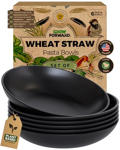 Grow Forward Premium Wheat Straw Pasta Bowls - 30oz Unbreakable Wide & Shallow Dinner Plate Bowls Set of 6 - Microwave Safe Reusable Plastic Pasta Bowls for Kids, Adults, Salad, Camping, RV - Midnight - color: Midnight Black, size: 30oz