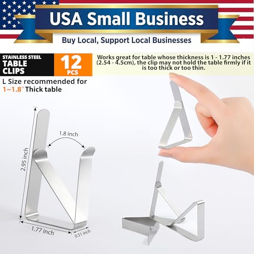 Tablecloth Clips [USA Based Brand] - 12 Pack Stainless Steel, Rust Proof Table Clips for Home, Restaurants, Picnic, Party, Dining Tables - Fits Up to 1.8 Inch Thick Tables - color: 12 Pack Silver S (for 1 ~ 1.8inch)