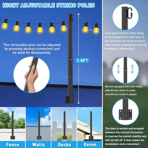 NUERPO 8 Pack String Light Poles,2.8Ft Metal Poles for Outdoor String Lights,Outdoor Light Poles with Post,Poles/Stand for Outside,Patio,Deck,Backyard,Garden Wedding,Party - size: 8 Pack 2.8FT String Light Pole