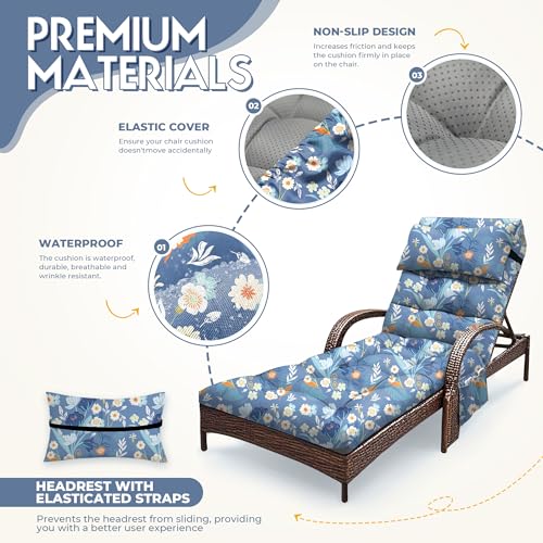 Outdoor Chaise Lounge Chair Cushion, Waterproof Outdoor Chair Cushions for Patio Furniture, 71 x 21 x 4 Inches Replacement Chaise Lounge Cushion with Ties (Blue Flower) - color: Black Flower