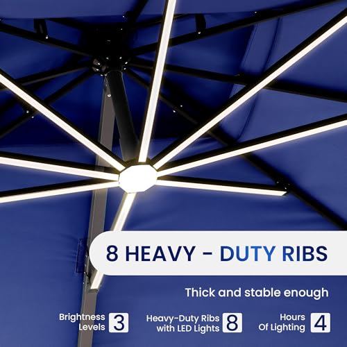 10 X 13 FT Cantilever Patio Umbrella with Led Lights and Base Included Outdoor Heavy Duty Double Top Rectangle Offset Umbrellas with 360-degree Rotation for Pool Deck Backyard, Navy - color: Navy, size: 10' X13'-Weighted Base Included