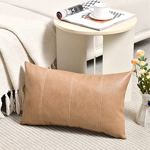 Fancy Homi 2 Packs Tan Lumbar Waterproof Faux Leather Decorative Throw Pillow Covers 12x20 Inch for Outdoor Couch Bed, Beige Hand Stitched Cushion Case 30x50 cm, Taupe Modern Farmhouse Home Decor - color: Tan, size: 20" x 12" (Pack of 2)