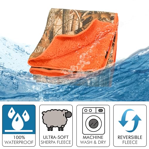 Tirrinia Waterproof Outdoor Blanket with Sherpa Lining, Windproof Triple Layers Warm Comfy Foldable for Camping Stadium, Beach, Picnic, Grass, Concerts, Car, Dog, 51''X 59'' & 59''X 80'' - color: Camo/Orange, size: 51” x 59”