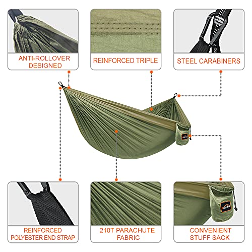 AnorTrek Camping Hammock, Super Lightweight Portable Parachute Hammock with Two Tree Straps Single or Double Nylon Travel Tree Hammocks for Camping Backpacking Hiking - color: Army Green&khaki, size: Double 118''L x 78''W