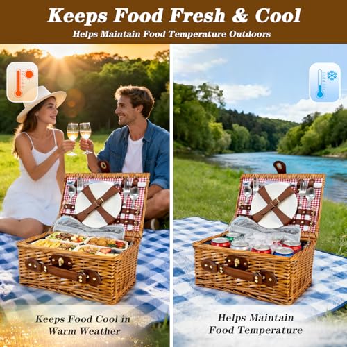 Picnic Basket for 2 - Picnic Basket with Cutlery Kit and Glasses, Insulated Picnic Set with Waterproof Liner, Portable Wicker Picnic Baskets with Lid and Handle for Outdoor, Picnic, Camping, Holidays