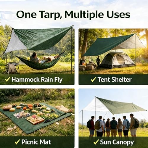 Waterproof Camping Tarp Tent Hammock Rain Fly, Mutifunctional Tent Footprint Lightweight Tarp for Camping, Hiking and Survival Shelter