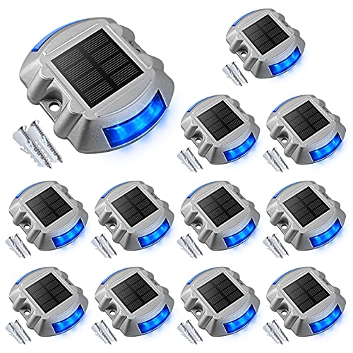 VOLISUN Solar Deck Lights Driveway Dock Lights, 12-Pack Led IP68 Waterproof Outdoor Warning Step Lights for Driveway Sidewalk Garden Pathway Yard (Blue, Auto On/Off - color: Blue, size: 12 Pack