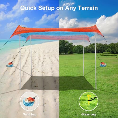 Beach Tent, Beach Canopy Sun Shade UPF 50+, Portable 10×10 FT Camping Sun Shelter with Sandbags, Poles, Ground Pegs and Anti-Wind Ropes for Outdoor, Backyard, Picnics, Sport, Fishing - color: Red Sea Waves