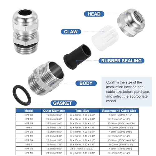 PATIKIL Waterproof Electrical Cable Glands, NPT1/2 4 Pcs 1/4" - 1/2" Nickel-Plated Brass Cord Grip Electric Wire Connector Wire Protector for Outdoor Cable Box Enclosure Junction Box - size: NPT 1/2 1/4" - 1/2"