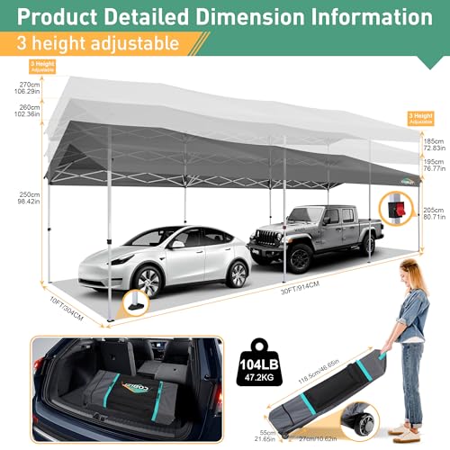 COBIZI Carport 10x30 Pop Up Canopy Car Tent with One Push Center Lock, Outdoor Portable Garage Tents for Parties UPF50+ Waterproof All-Season Car Canopy with Wheeled Bag,3 Sidewalls, Adjustable Height - color: Gray, size: 10x30 FT