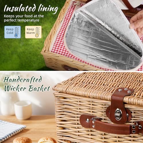 Picnic Basket for 2 with Waterproof Picnic Blanket, Wicker Picnic Set Kit with Cooler for Beach, Insulated Picnic Baskets, Bridal Shower Gift Wedding Gifts with Mr Mrs Wine Glasses and Greeting Card - color: Wedding Gift Style Red and White