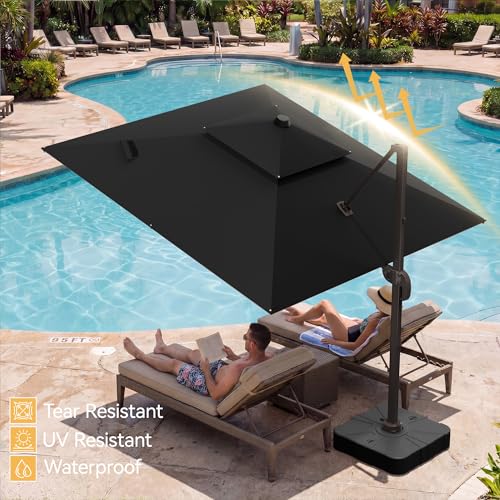 10x10 FT Patio Umbrella with Base, Large Cantilever Double Top Heavy Duty Offset Umbrellas with 360° Rotation, Outdoor shade for Garden Deck Pool, Black - color: Black, size: 10x10 FT with Base