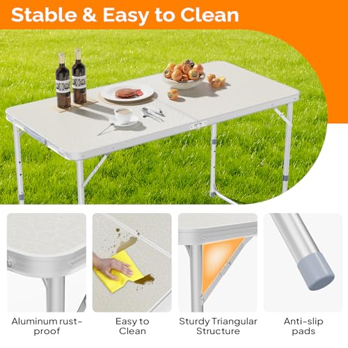 VINGLI 4FT White Folding Table with Carrying Handle Height Adjustable Lightweight Fold Up Portable for Indoor Outdoor Picnic,Camping,Hiking,Fishing,BBQ … - color: White, size: 4ft