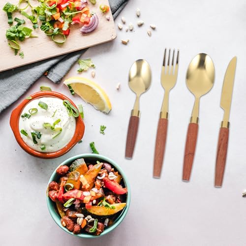 MAGICLULU Vintage Wood Handle Camping Cutlery Set 4pcs Stainless Steel Flatware Kit with Gold-grey Carry Bag for Outdoor Picnic and Hiking