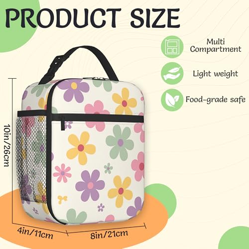 70s Groovy Flowers Lunch Box for Men,Colorful Floral Lightweight Reusable Lunch Bag for Girls Boys,Portable Insulated Small Cooler Bag for Picnic,Travel,School,Office - color: 70s Groovy Flowers