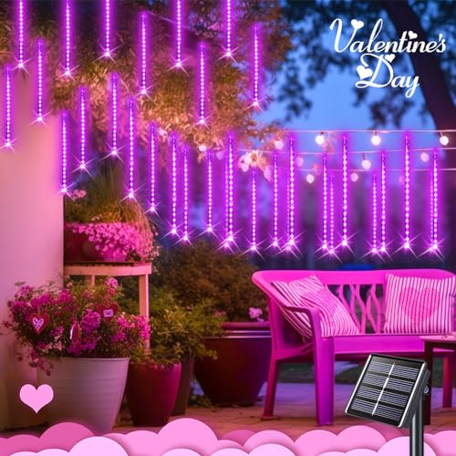 JMEXSUSS Pink Valentine Lights Outdoor, 8 Tube 144 LEDs Solar Meteor Shower Lights Outdoor, Solar Christmas Lights for Tree Eave Holiday Party Patio House Wedding Valentine's Day Decor - color: Pink, size: 1*144LED