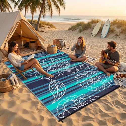 Garvee 5x8 Outdoor Waterproof Rug, Floral Outdoor Area Rug，Reversible Plastic Straw Patio Rug, Portable Camping Mat for RV, Picnic, Beach, Balcony, Garden & Camping Black&Blue - color: Blackblue, size: 5' x 8' (Rectangular)