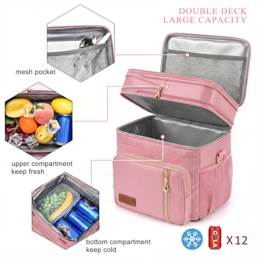 MIYCOO Lunch Bag & Lunch Box for Women Men Double Deck - Leakproof Insulated Soft Large Adult Lunch Cooler Bag for Work, Beach, Picnic, Camping, Travel (Pink,15L) - color: Pink