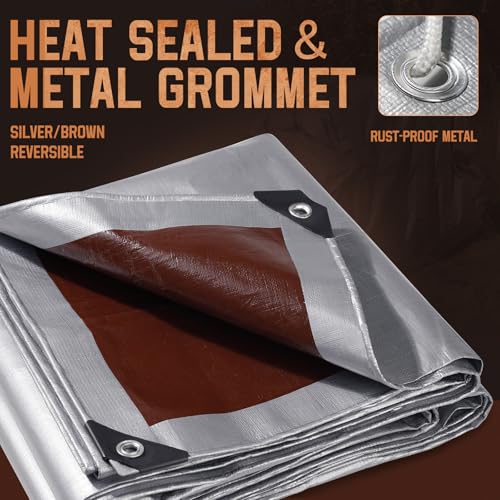 24x24 FT Tarp Waterproof, 16 Mil Tarps Heavy Duty Waterproof Multipurpose Protective Cover UV Resistant Rip & Tear Resistant with Grommets Reversible for Home Boats Cars Camping - color: Sliver/Brown, size: 24x24