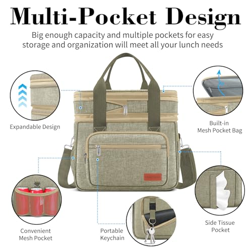 Coobiiya Insulated Lunch Box for Men & Women, Leakproof Lunch Bag Cooler Bag with 4 Pockets,Heavy Duty Lunch Bags Men Cooler Bags for Camping, Travel, Work Kayaking & Beach - color: Khaki, size: X Large – 23L (Double-Layer)