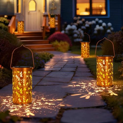 DIBIEECN Mothers Day Gifts for Mom, Birthday Gifts Grandma Ladies Solar Lanterns Outdoor Hanging Hollowed-Out Metal Waterproof LED Garden Decor Outside for Patio Yard Porch, Dragonfly, 1 Pack - style: Dragonfly