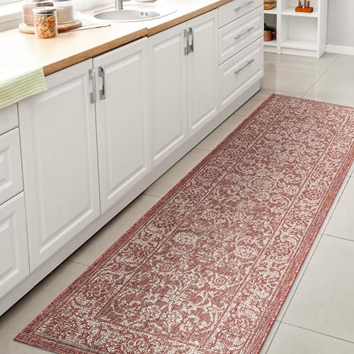 JONATHAN Y Weave Floral Indoor Outdoor Runner Rug 2X8 Red/Taupe, Tela Bohemian Textured for Backyard, Patio, Porch, Easy-Cleaning, High Traffic, Pet-Friendly, Non-Shedding (SMB100A-28) - color: Red/Taupe, size: 2'2" x 8' (Runner)