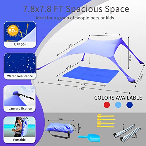 77 FT Beach Tent Sun Shelter UPF50+ UV Protection, Outdoor Canopy Tent Sun Shade with 2 Poles for Camping, Fishing, Backyard and Picnics with Sandproof Beach Blanket Royal Blue - color: Royal Blue