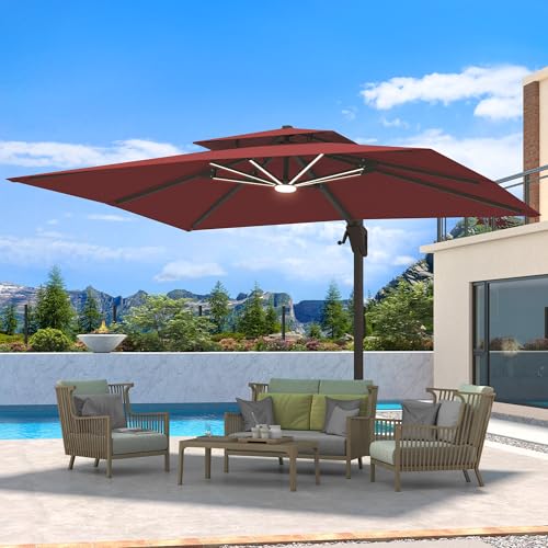 10 X 13 FT Cantilever Patio Umbrella with LED Lights Outdoor Heavy Duty Double Top Windproof Rectangle Offset Umbrellas with 360-degree Rotation for Pool Deck Backyard, Wine Red - color: Wine Red, size: 10' X13'-Weighted Base Not Included