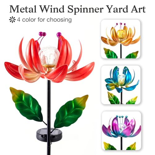 Solar Lights Outdoor Wind Spinners, Metal Lotus Flower Garden Decor with Waterproof LED Crackle Glass Globe for Patio Lawn Yard Outdoor Decor - color: Red