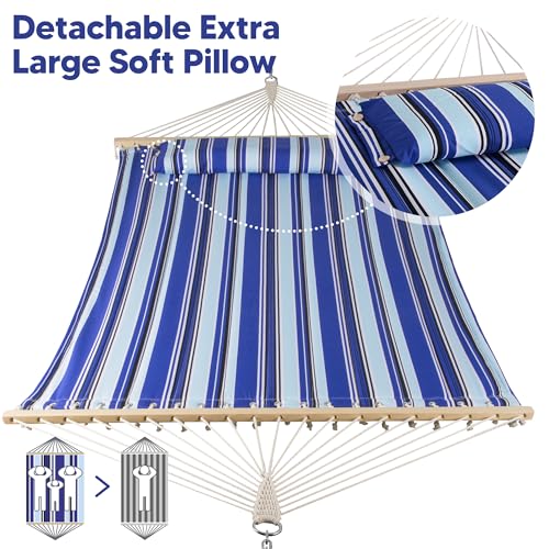 SUNCREAT Hammocks Quilted Fabric Hammock, Double Hammock with Spreader Bar, Soft Pillow, Max 475lbs Capacity, Blue Stripes - color: Blue Stripes